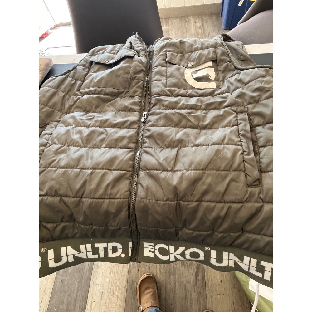 Ecko Unltd Mens Puffer Vest‎ Olive Green Full Zip Hooded Logo Size L